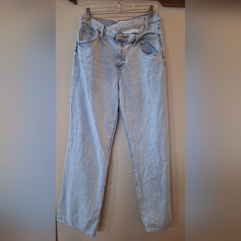 Pistola Cross Over Waist Light Wash Wide Leg Jeans Distressed Womens 29x31